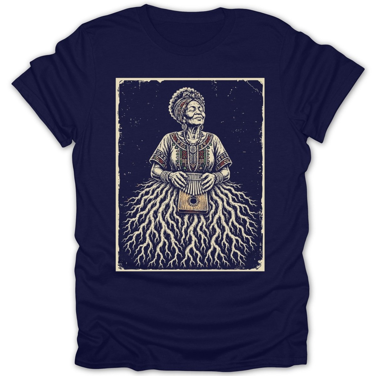 Illustration of an elder woman wearing a headwrap, playing a kalimba, with a skirt of roots.
