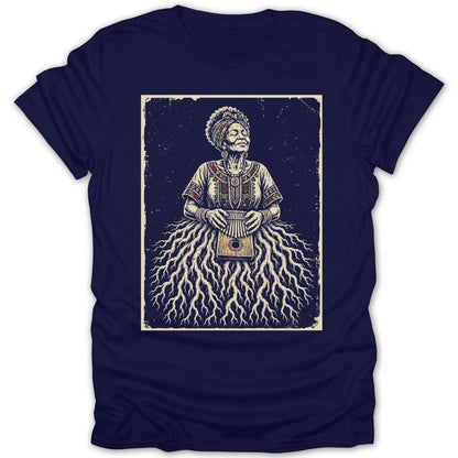 Illustration of an elder woman wearing a headwrap, playing a kalimba, with a skirt of roots.