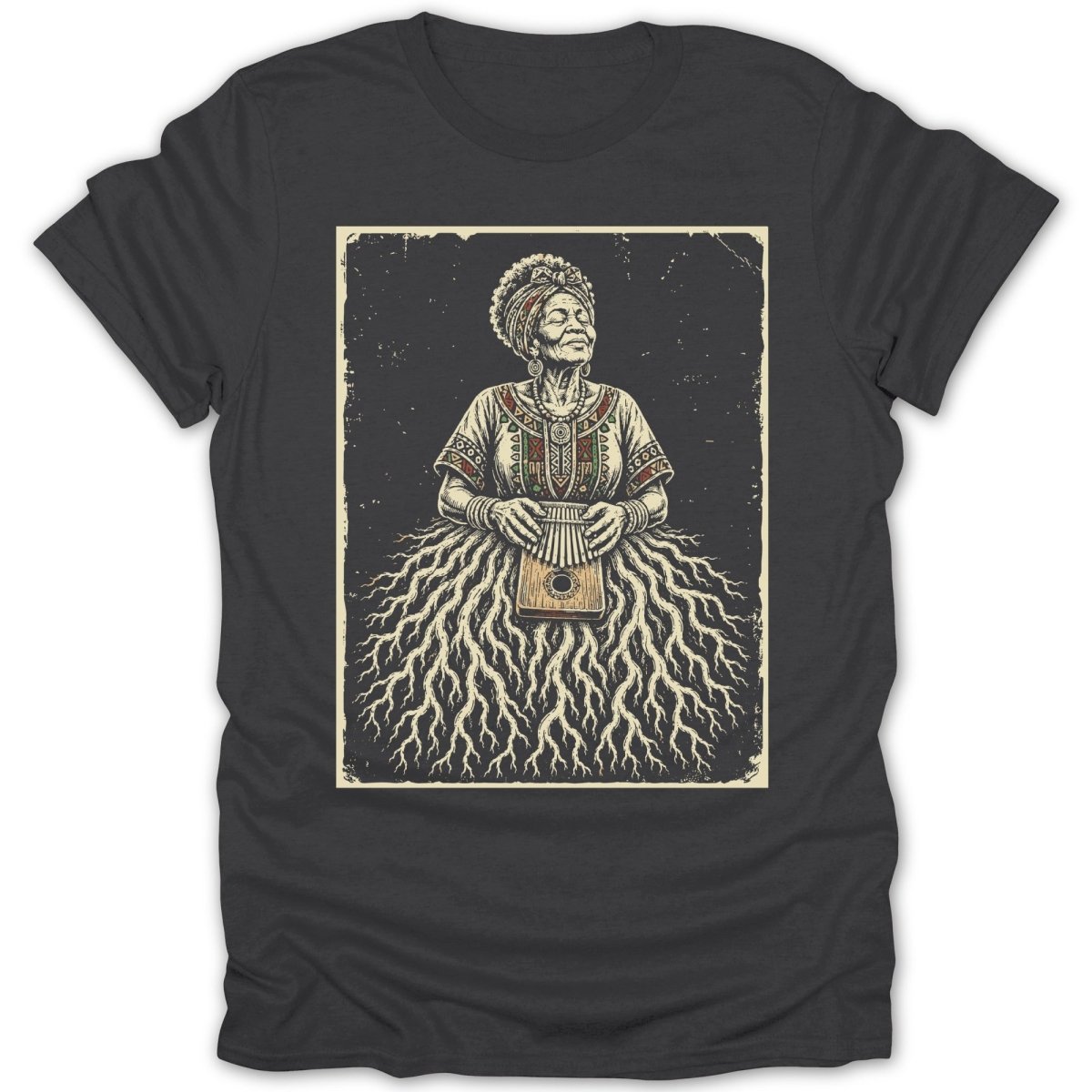 T-shirt featuring illustration of elder woman with kalimba and root-like skirt.