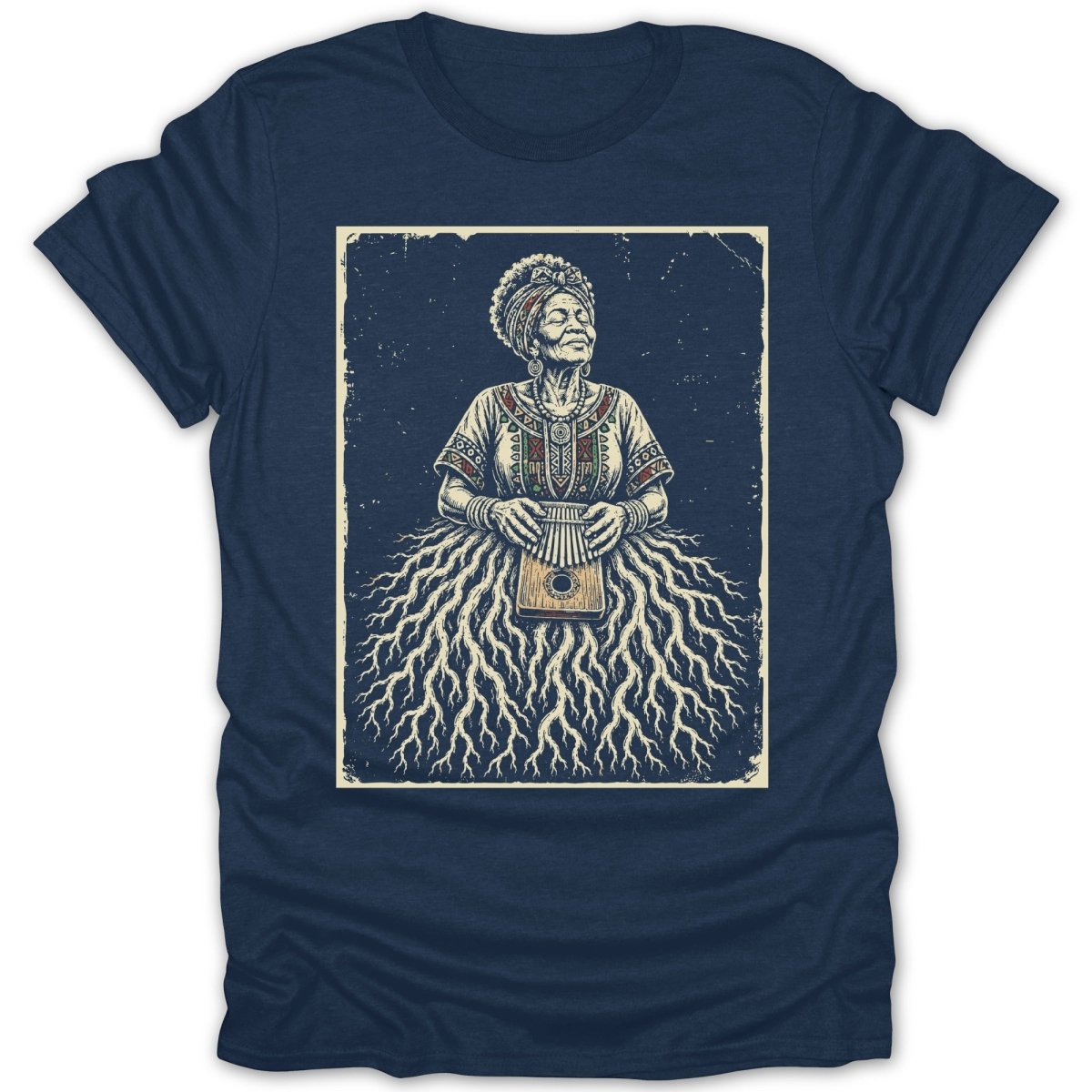 Illustration of an elder woman playing a kalimba with a root-like skirt.