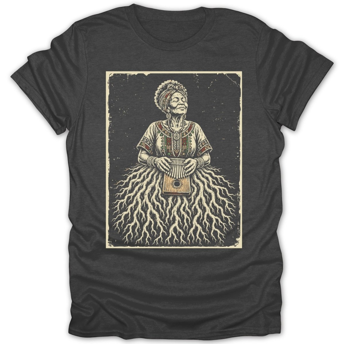 Illustration of an indigenous woman with a root-like skirt holding a kalimba.