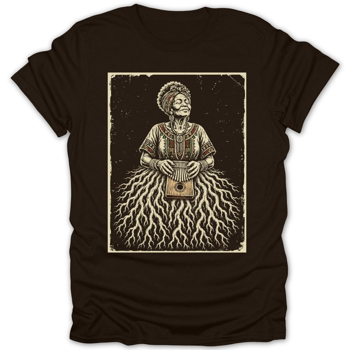 Illustration of a woman in traditional clothing holding a kalimba, with a skirt of roots.