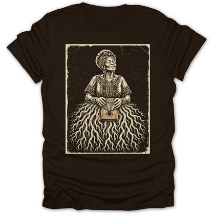 Illustration of a woman in traditional clothing holding a kalimba, with a skirt of roots.
