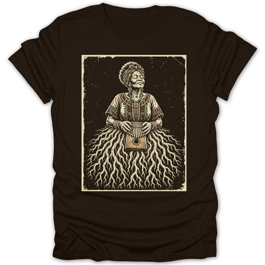 Illustration of a woman in traditional clothing holding a kalimba, with a skirt of roots.