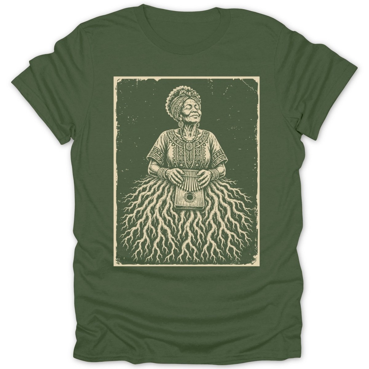 Illustration of a woman with a kalimba, wearing traditional clothing and a root-like skirt.
