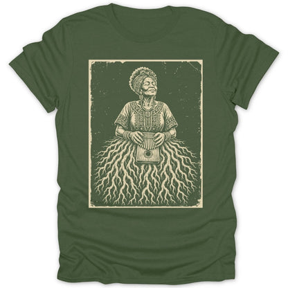 Illustration of a woman with a kalimba, wearing traditional clothing and a root-like skirt.