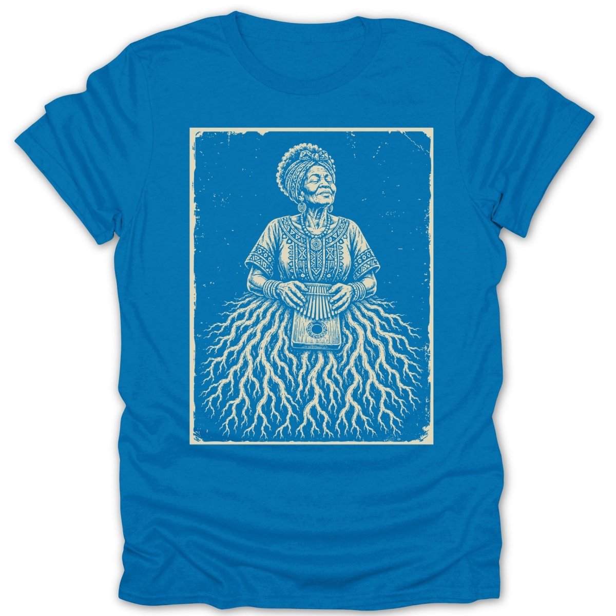 Line drawing of an elder woman playing a kalimba on a t-shirt.