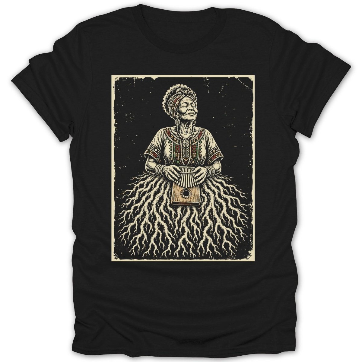 Black t-shirt with a distressed print of an elderly woman holding a kalimba.