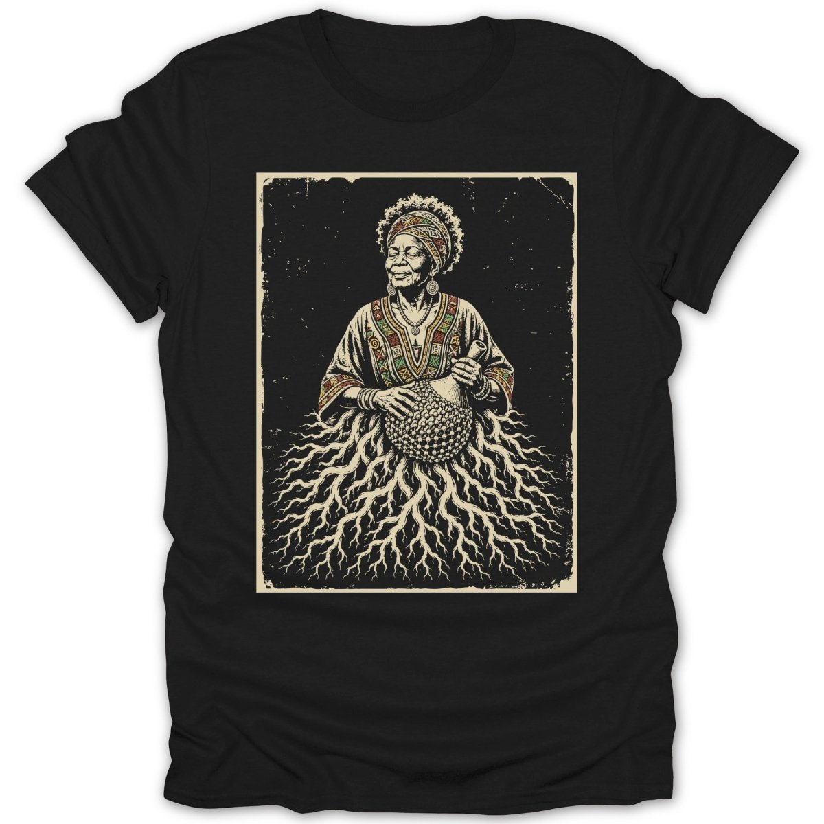 Illustration of an elder woman with traditional clothing and headdress playing a shaker.