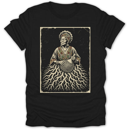 Illustration of an elder woman with traditional clothing and headdress playing a shaker.
