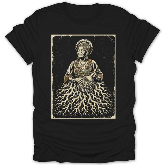 Illustration of an elder woman with traditional clothing and headdress playing a shaker.