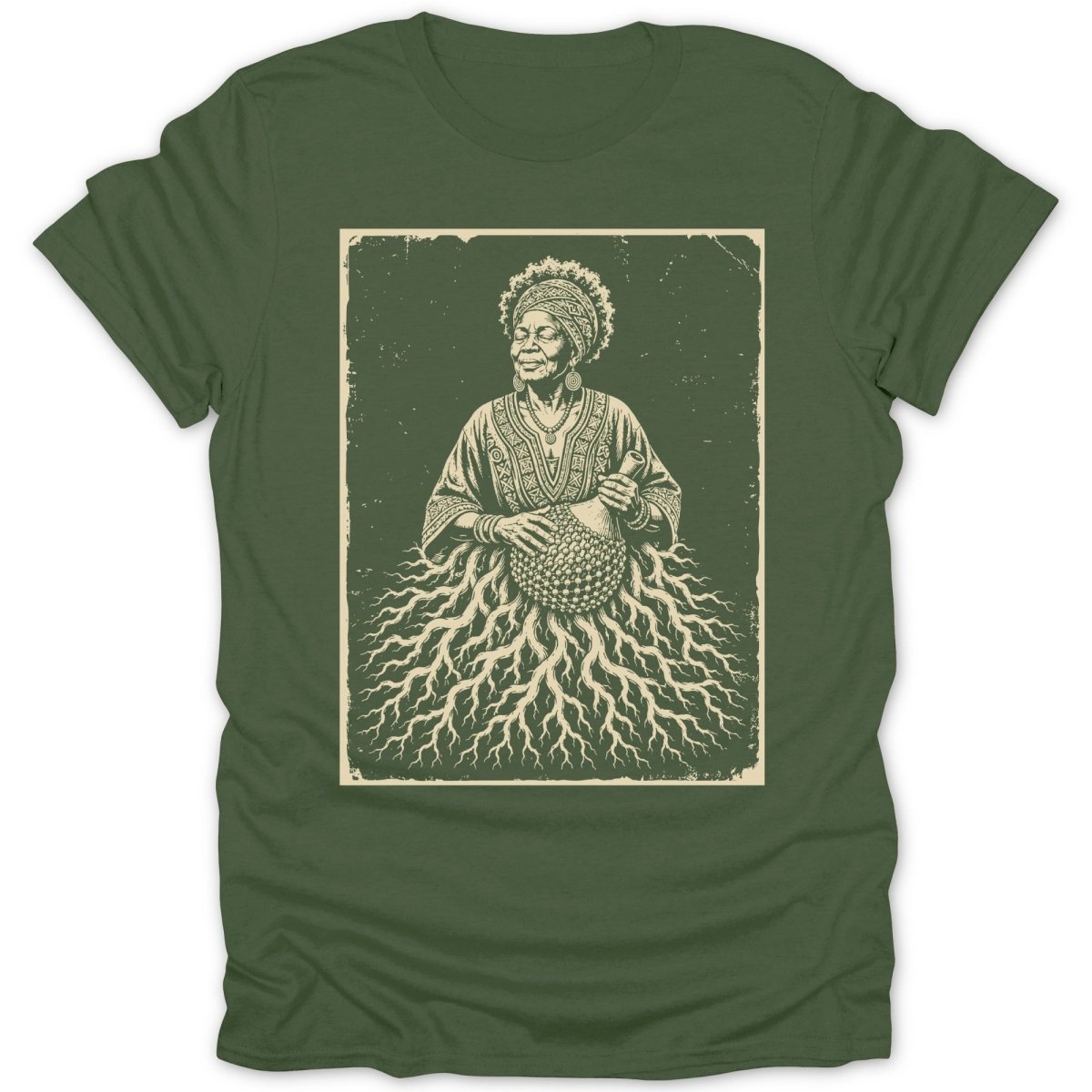 Illustration of a woman playing a cabasa with her roots below on a green t-shirt.