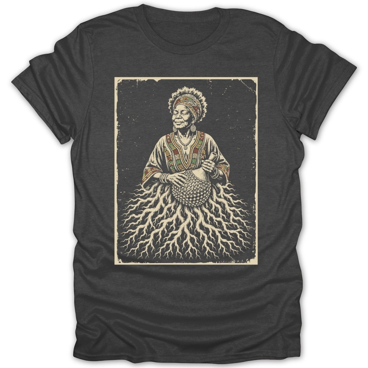 Illustration of woman in traditional clothing playing shekere, with roots for skirt.