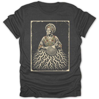 Illustration of woman in traditional clothing playing shekere, with roots for skirt.