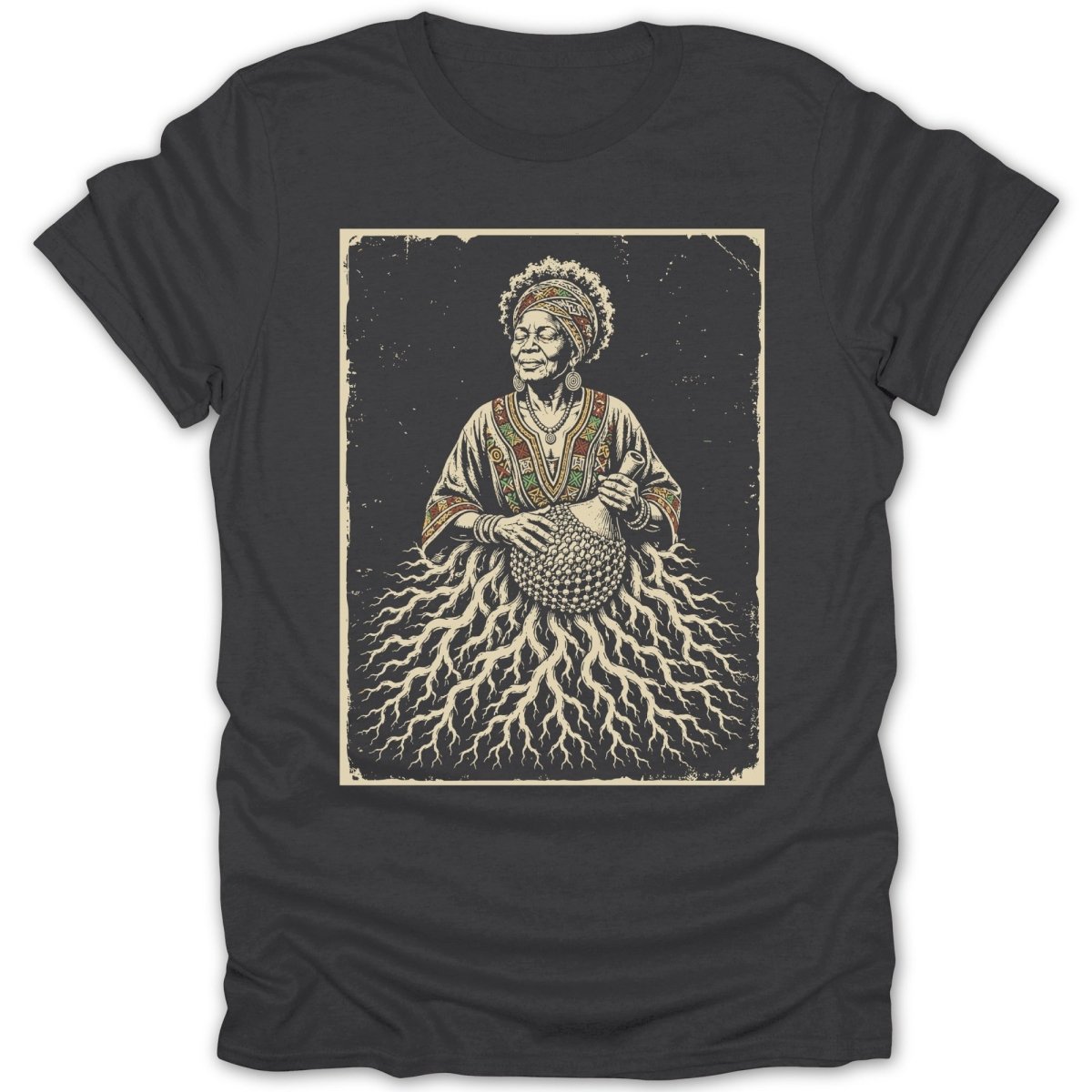 Illustration of an elder woman with roots growing from her dress in a vintage style.