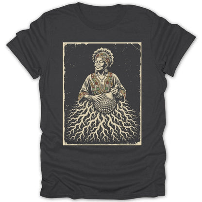 Illustration of an elder woman with roots growing from her dress in a vintage style.