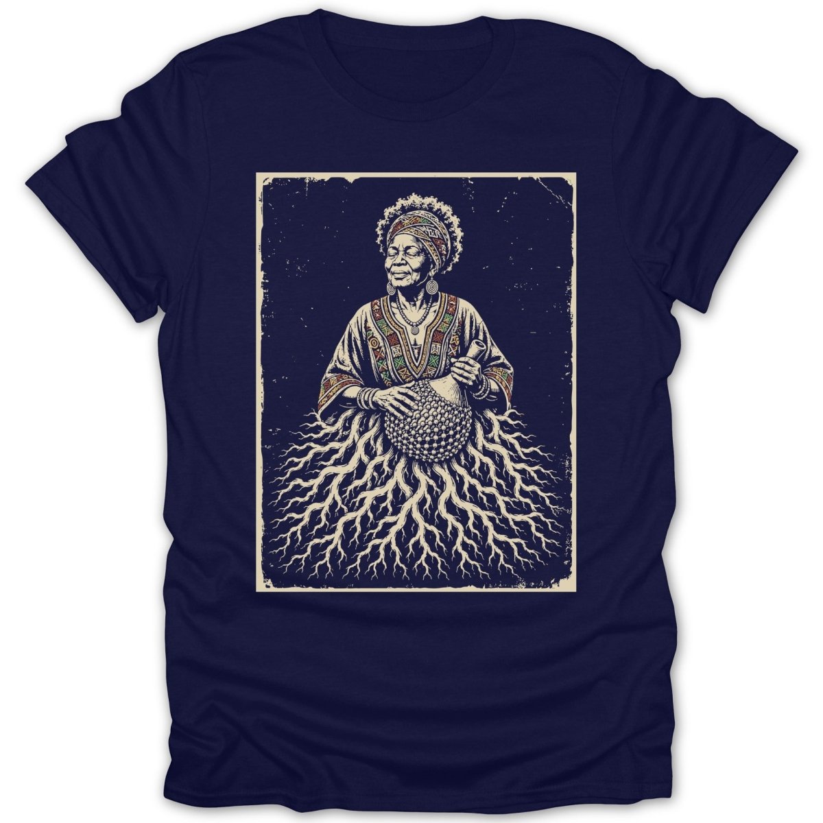 Illustration of an African woman holding a gourd shaker with roots growing from her skirt.
