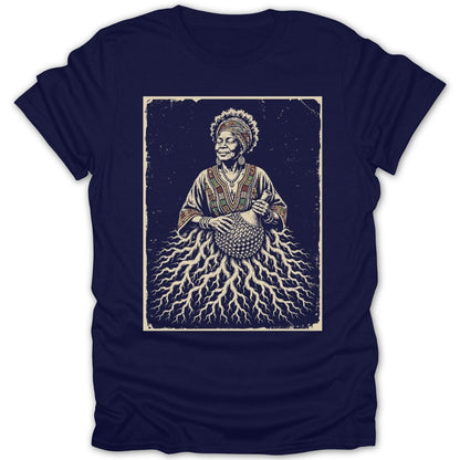 Illustration of an African woman holding a gourd shaker with roots growing from her skirt.