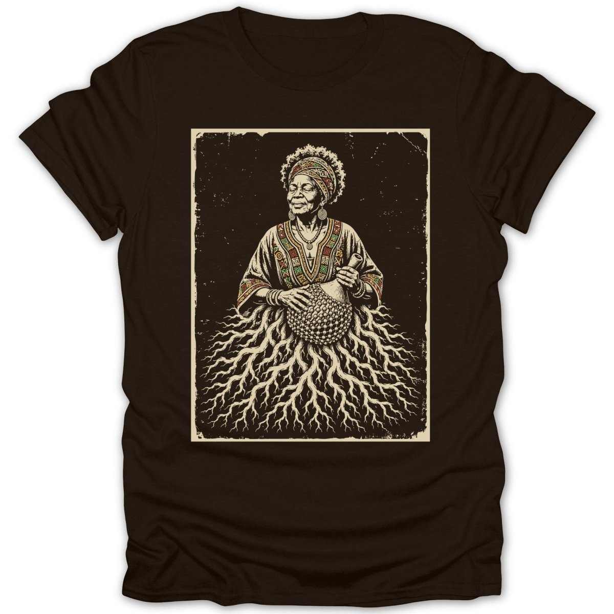 Artwork of a Black woman with roots extending from her dress holding a seed pod.
