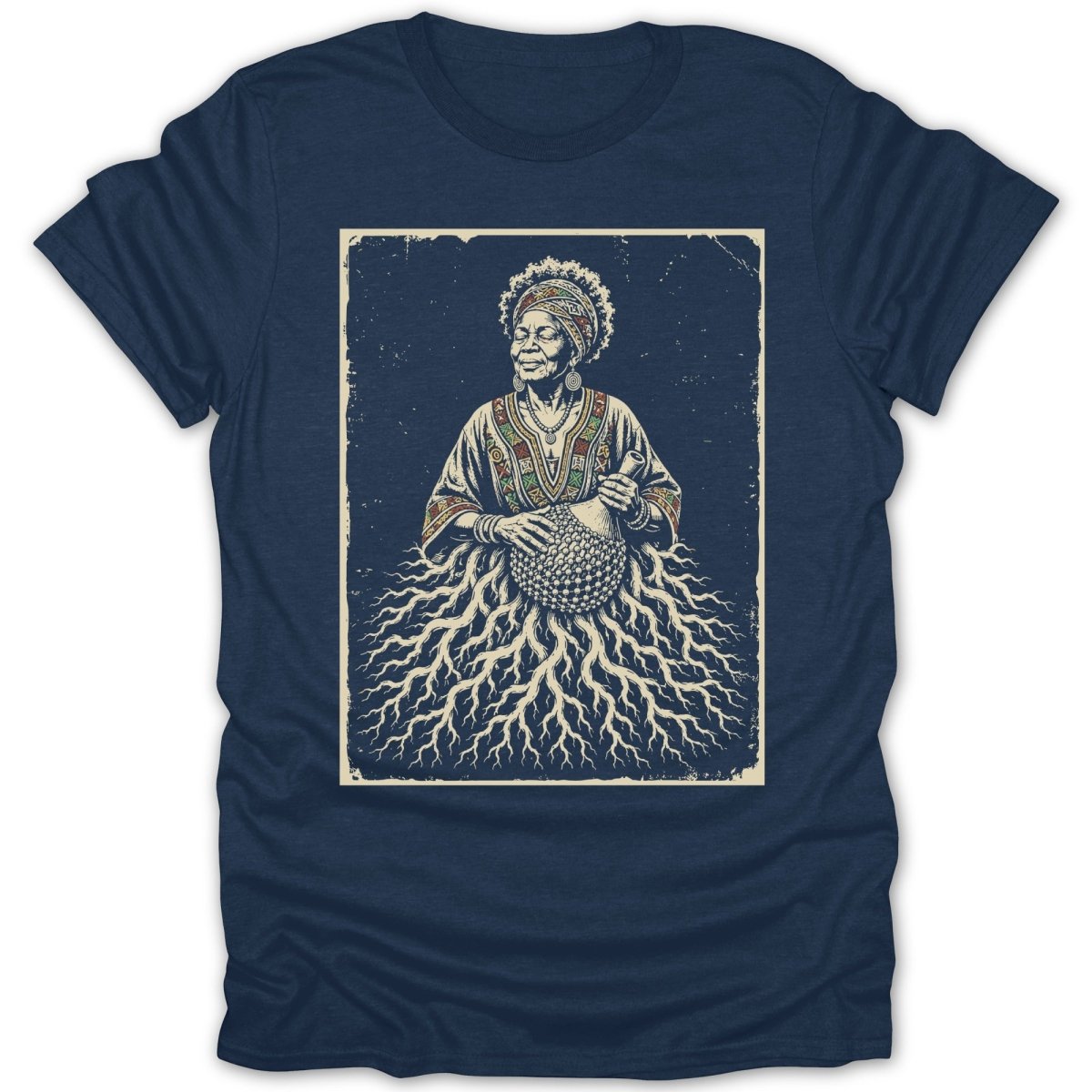 Illustration of an elder woman with beaded roots for a skirt, holding a maraca.