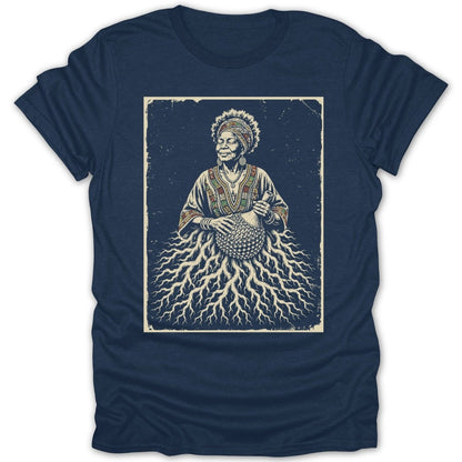 Illustration of an elder woman with beaded roots for a skirt, holding a maraca.