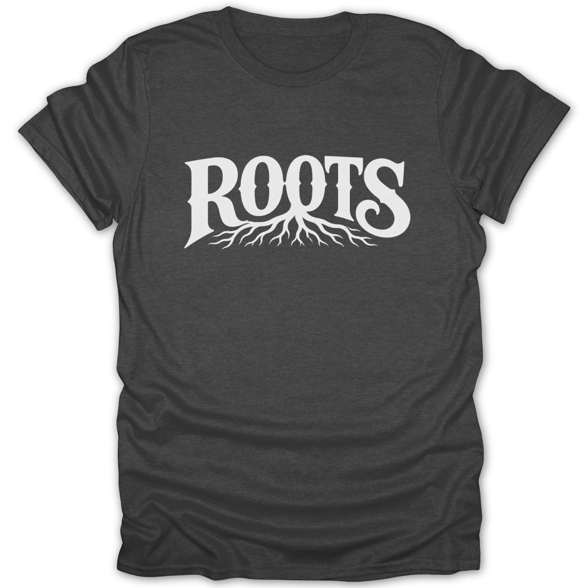 Dark grey t-shirt with white "ROOTS" text featuring a tree root graphic.