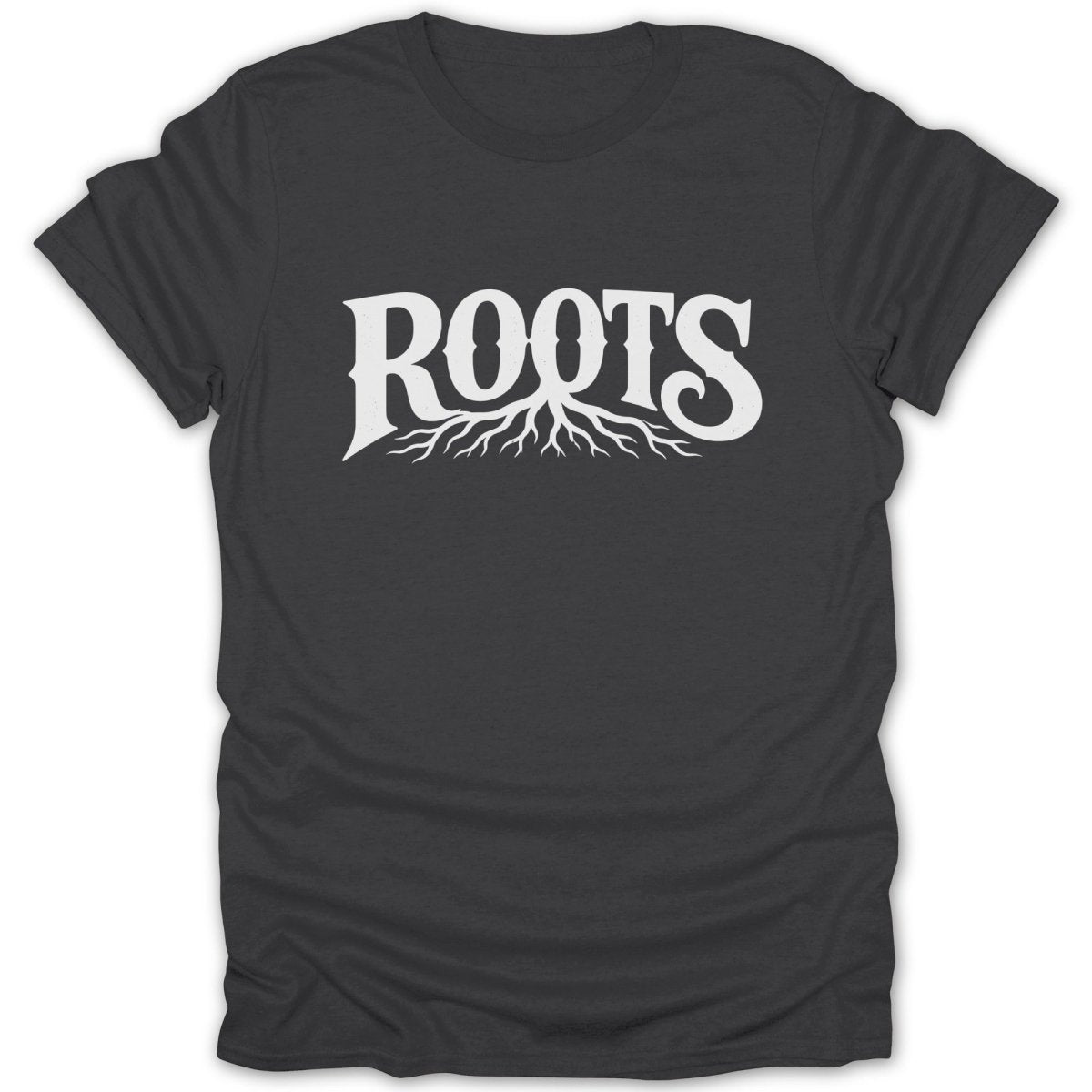 Dark grey t-shirt with white "ROOTS" text and root graphic.