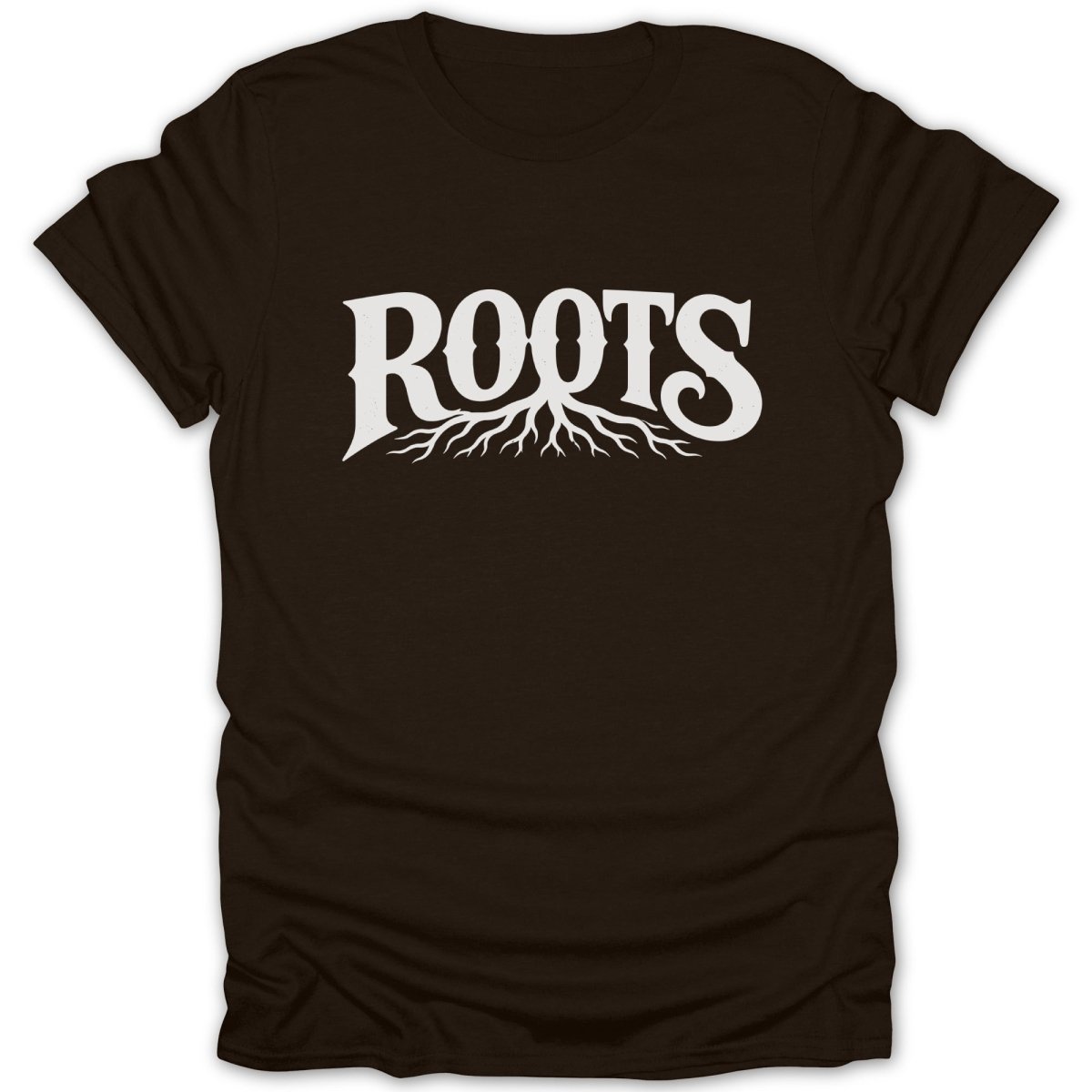 Brown t-shirt with white "ROOTS" text and root graphic.