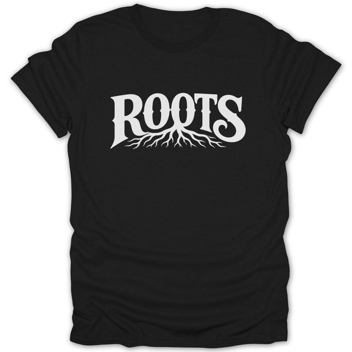 Black t-shirt with white "ROOTS" text and tree roots graphic.