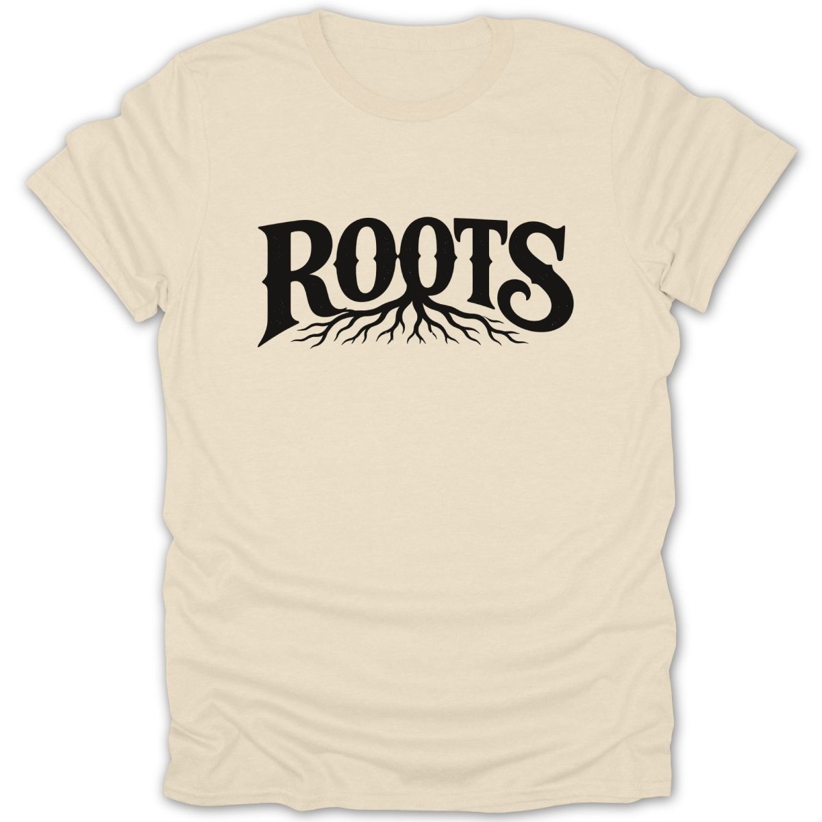 Cream t-shirt with black "ROOTS" text and illustrated roots design.