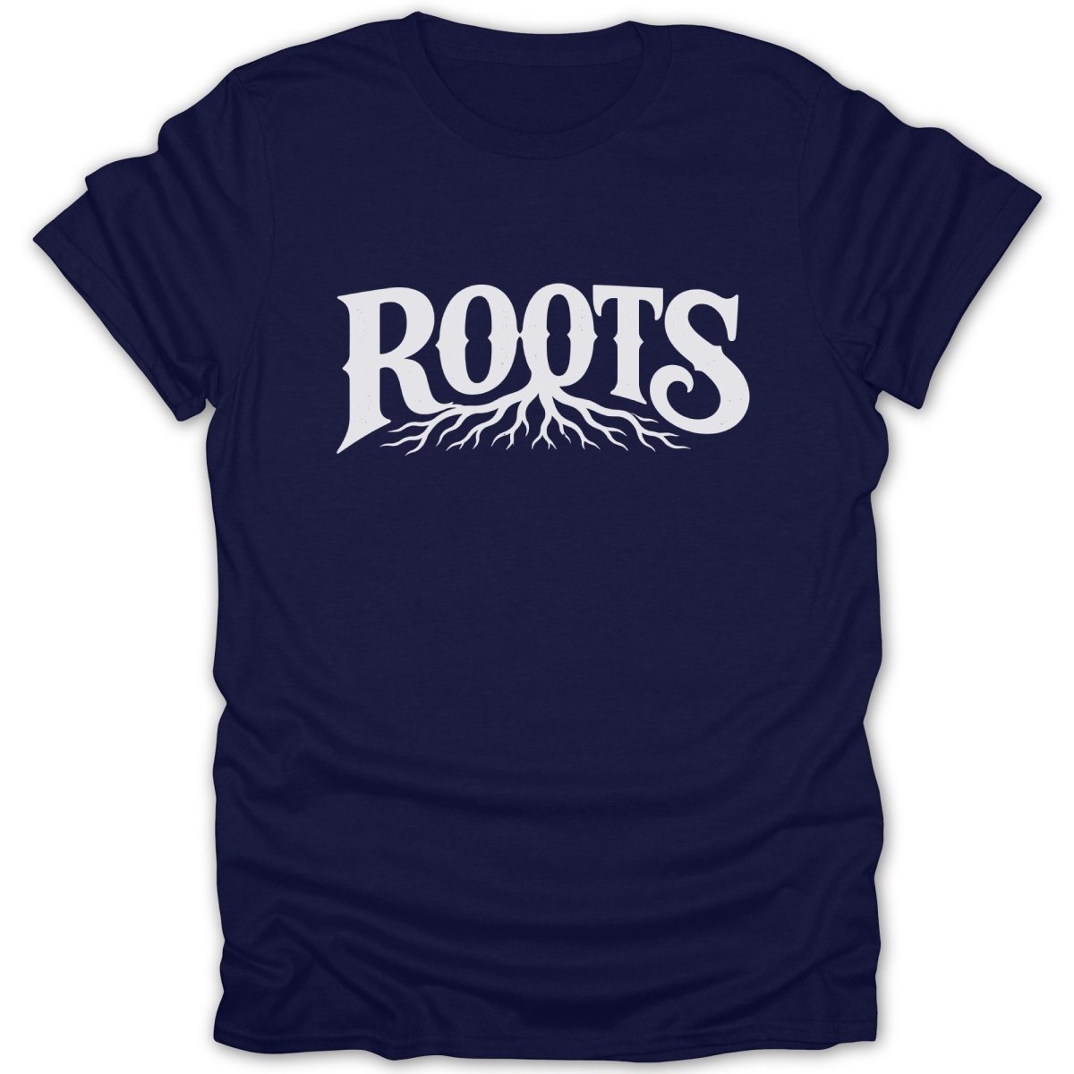 Navy t-shirt with white "ROOTS" text and a root design.