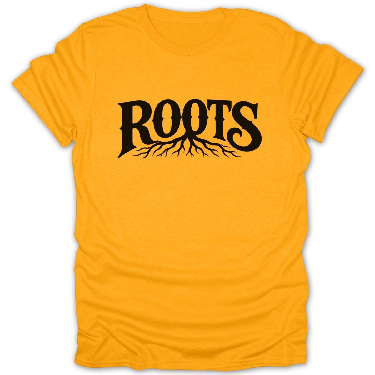 Yellow t-shirt featuring the black text "ROOTS" with tree roots beneath.