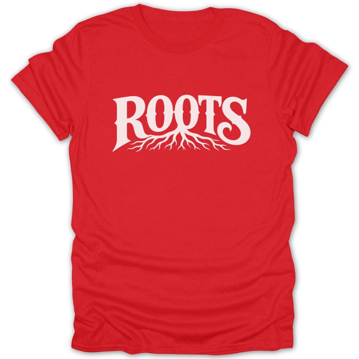 Red t-shirt with white "ROOTS" text and an intricate root graphic.