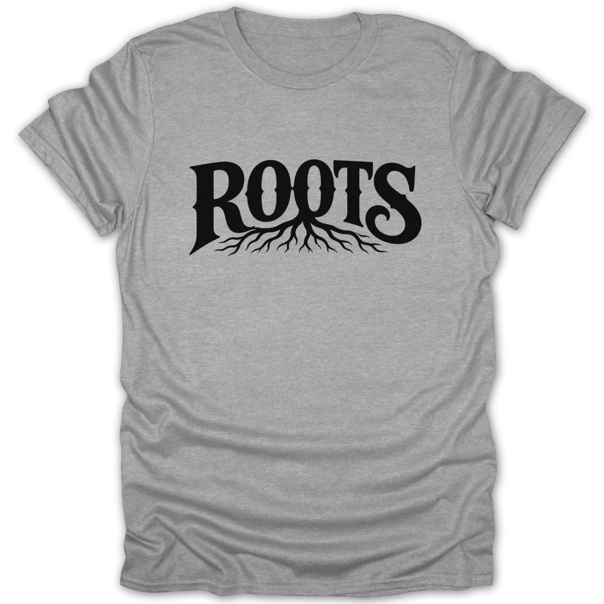 Grey t-shirt with black text "ROOTS" and root graphic.