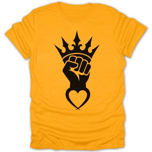 Black fist with crown and heart graphic on orange t-shirt.