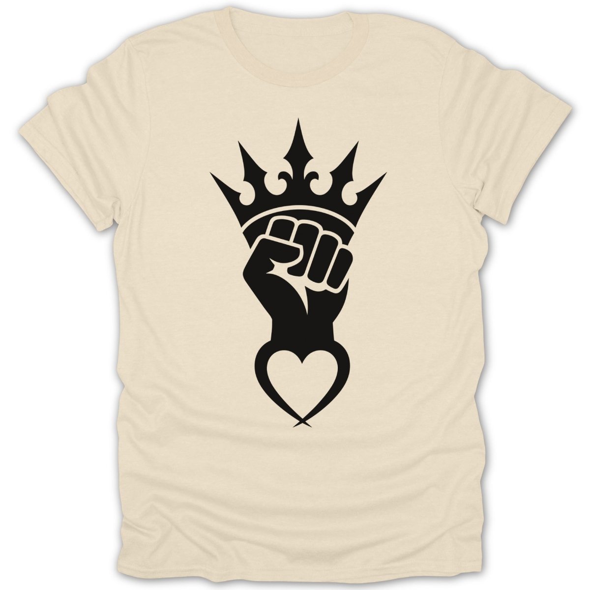 Black crown and fist over a heart graphic on a light cream t-shirt.