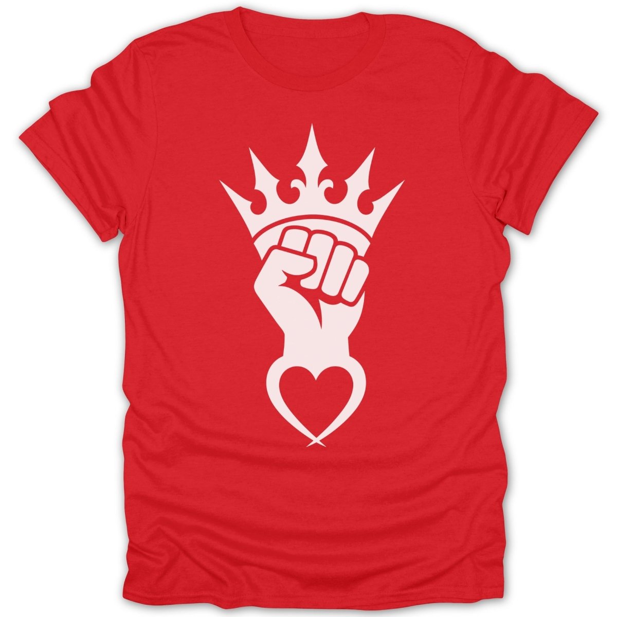 Red t-shirt with white raised fist, crown, and heart graphic.
