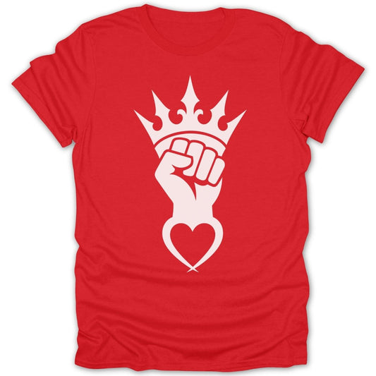 Red t-shirt with white raised fist, crown, and heart graphic.