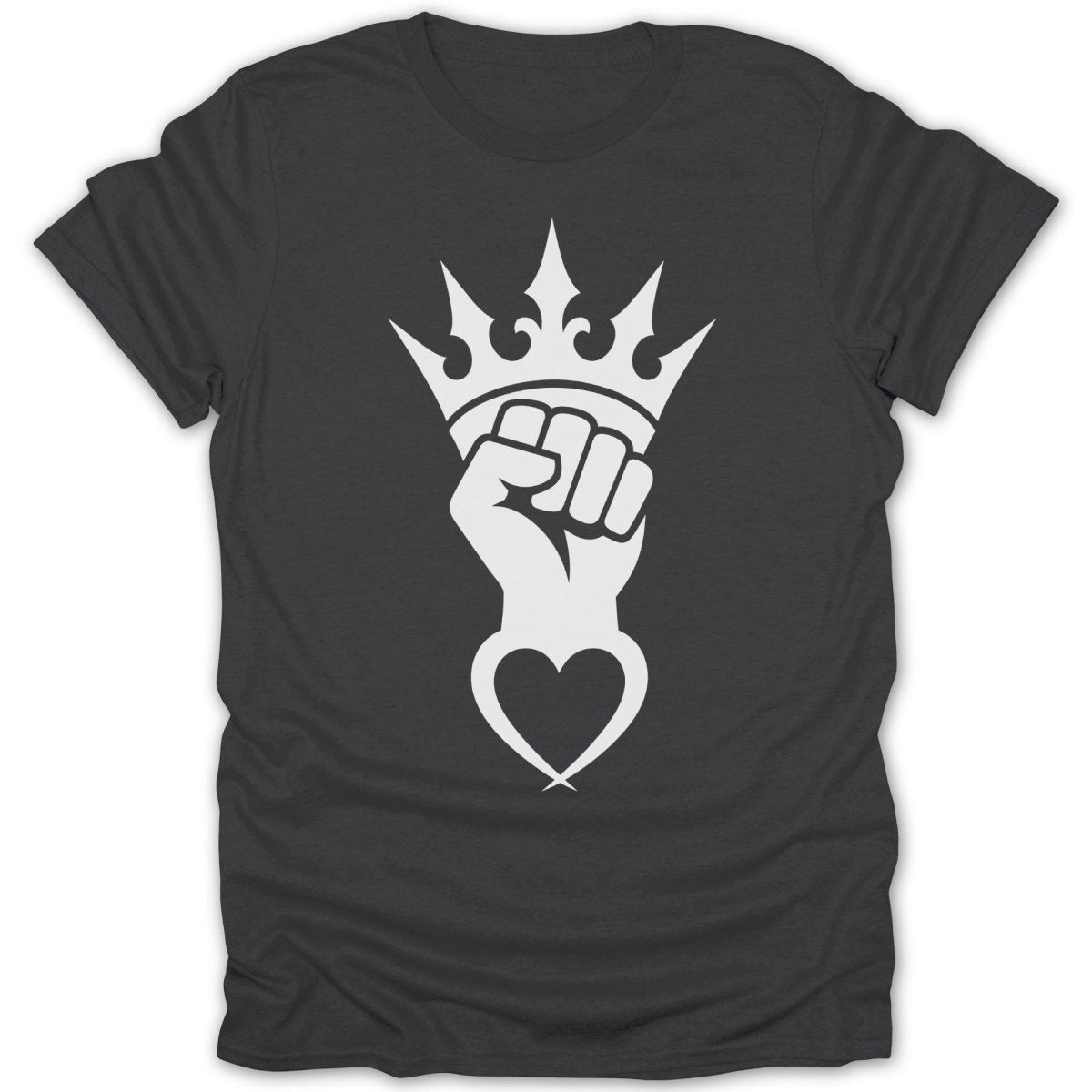 White crown and fist with heart design on dark gray t-shirt.