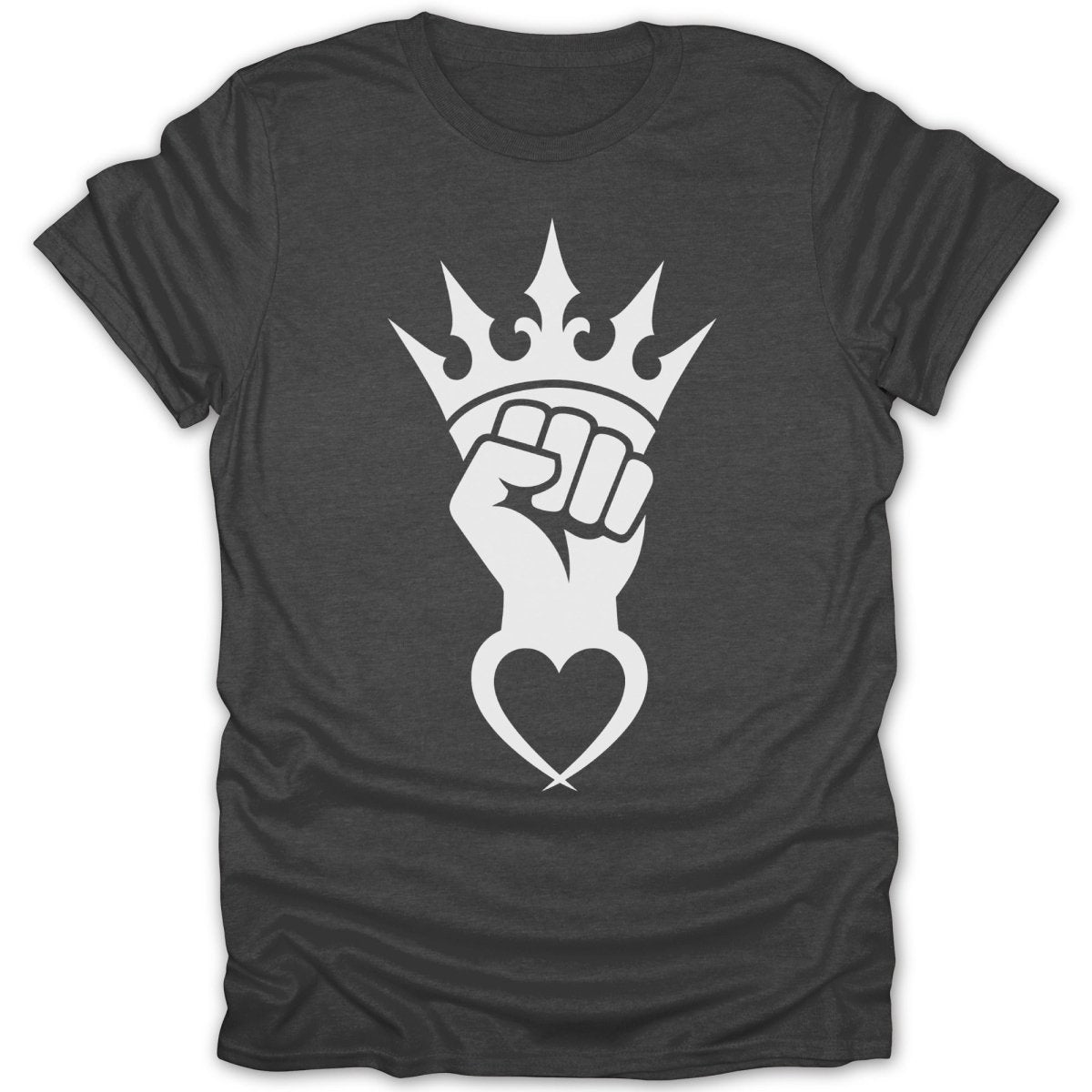 Dark t-shirt with white graphic of fist with crown and heart.