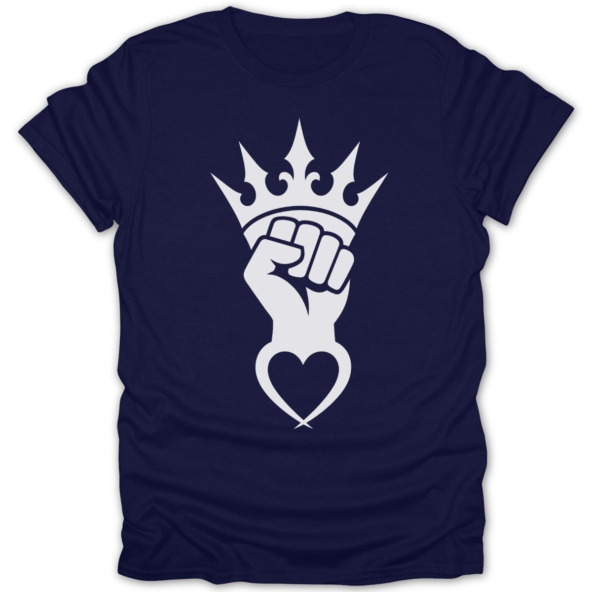 Navy t-shirt with white crown and fist graphic above a heart.
