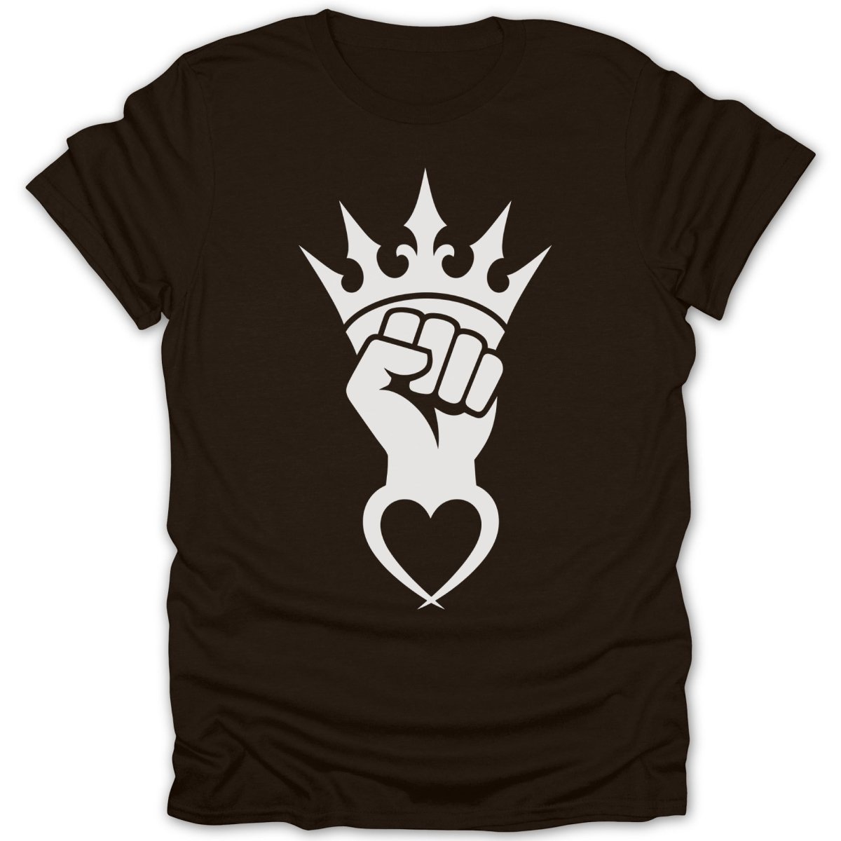 Fist with crown and heart logo on a brown t-shirt.