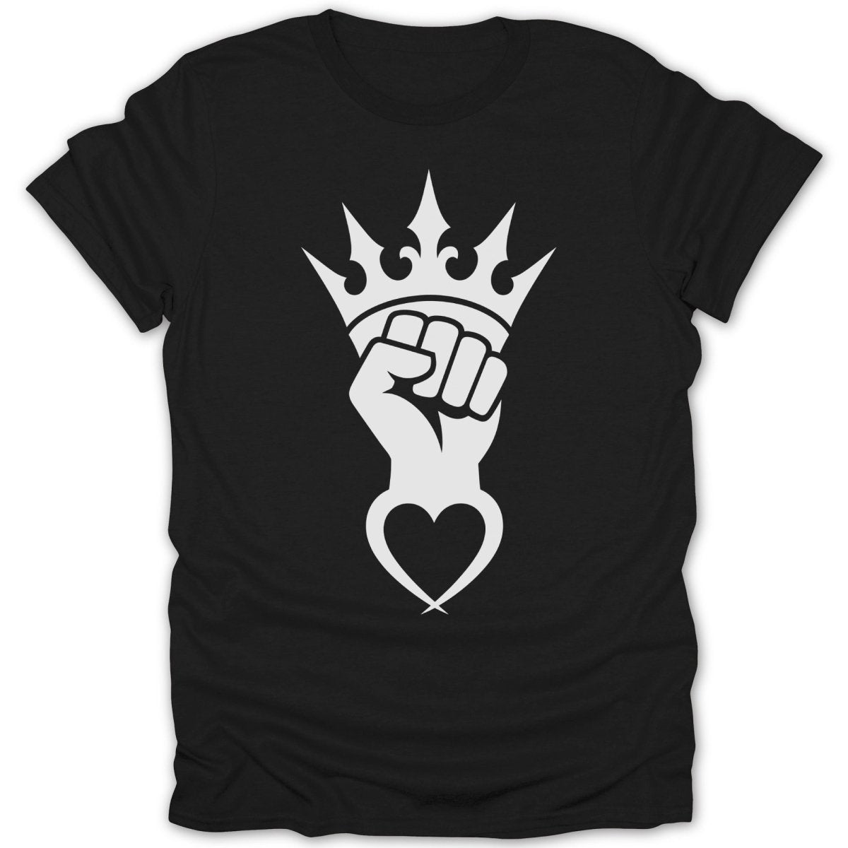 Black t-shirt with a white fist wearing a crown above a heart.