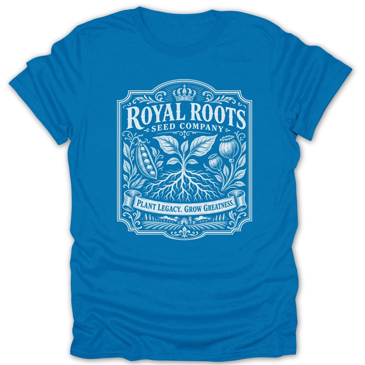 Royal Roots Seed Company t-shirt with a graphic of roots, plants, and a farm.