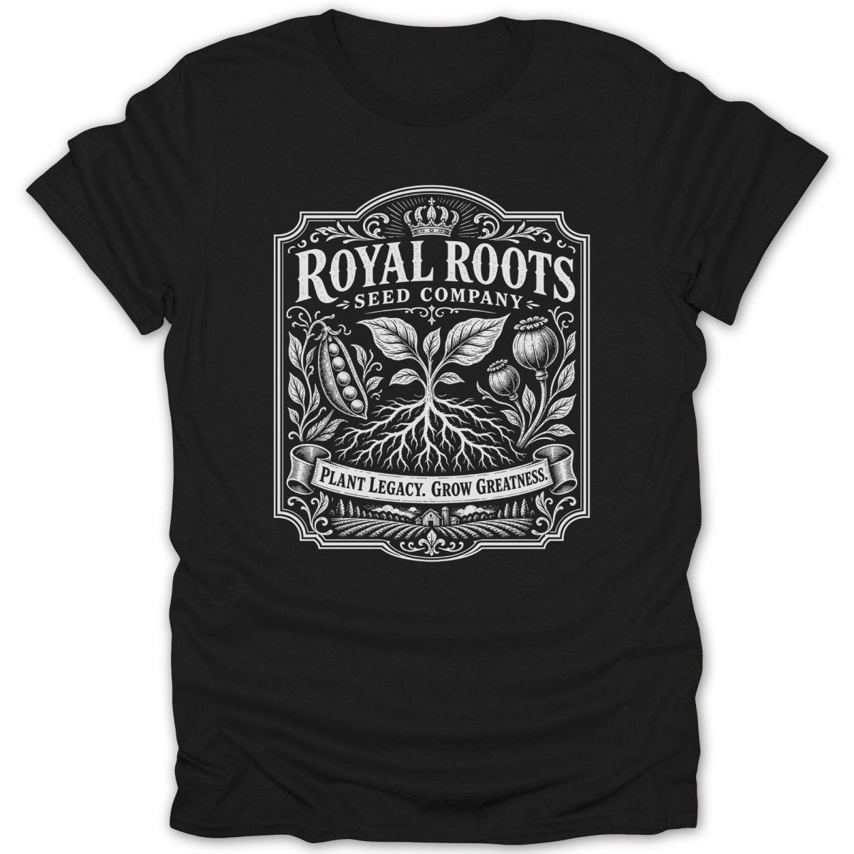 Royal Roots Seed Company emblem with plants and text "Plant Legacy. Grow Greatness."