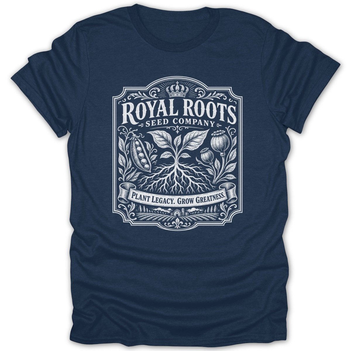 Navy t-shirt with Royal Roots Seed Company logo and slogan "Plant Legacy. Grow Greatness."