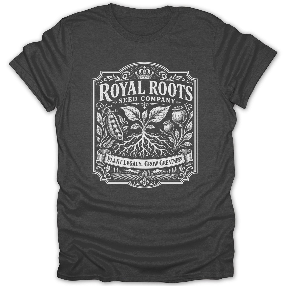 Dark t-shirt with white "Royal Roots Seed Company" logo and motto.
