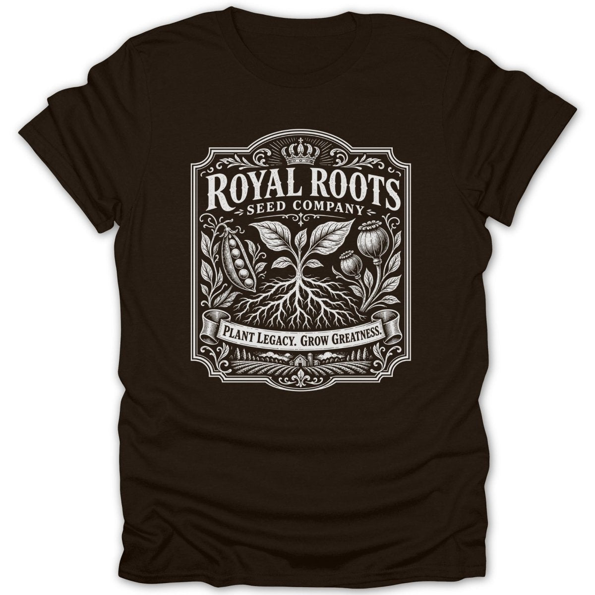 Royal Roots Seed Company logo with crown, plants, and farm scene.