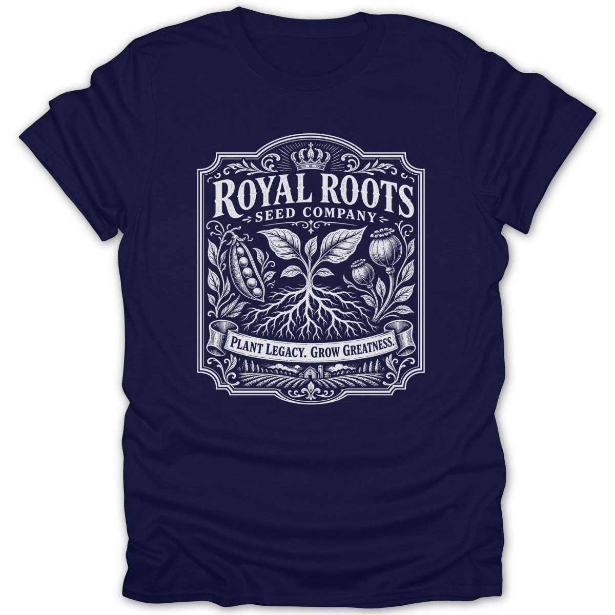 Navy t-shirt with white Royal Roots Seed Company logo featuring plants and banner text.