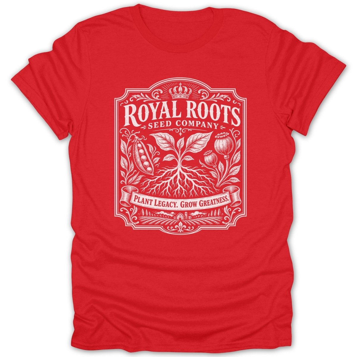 Red t-shirt with white Royal Roots Seed Company logo and motto.